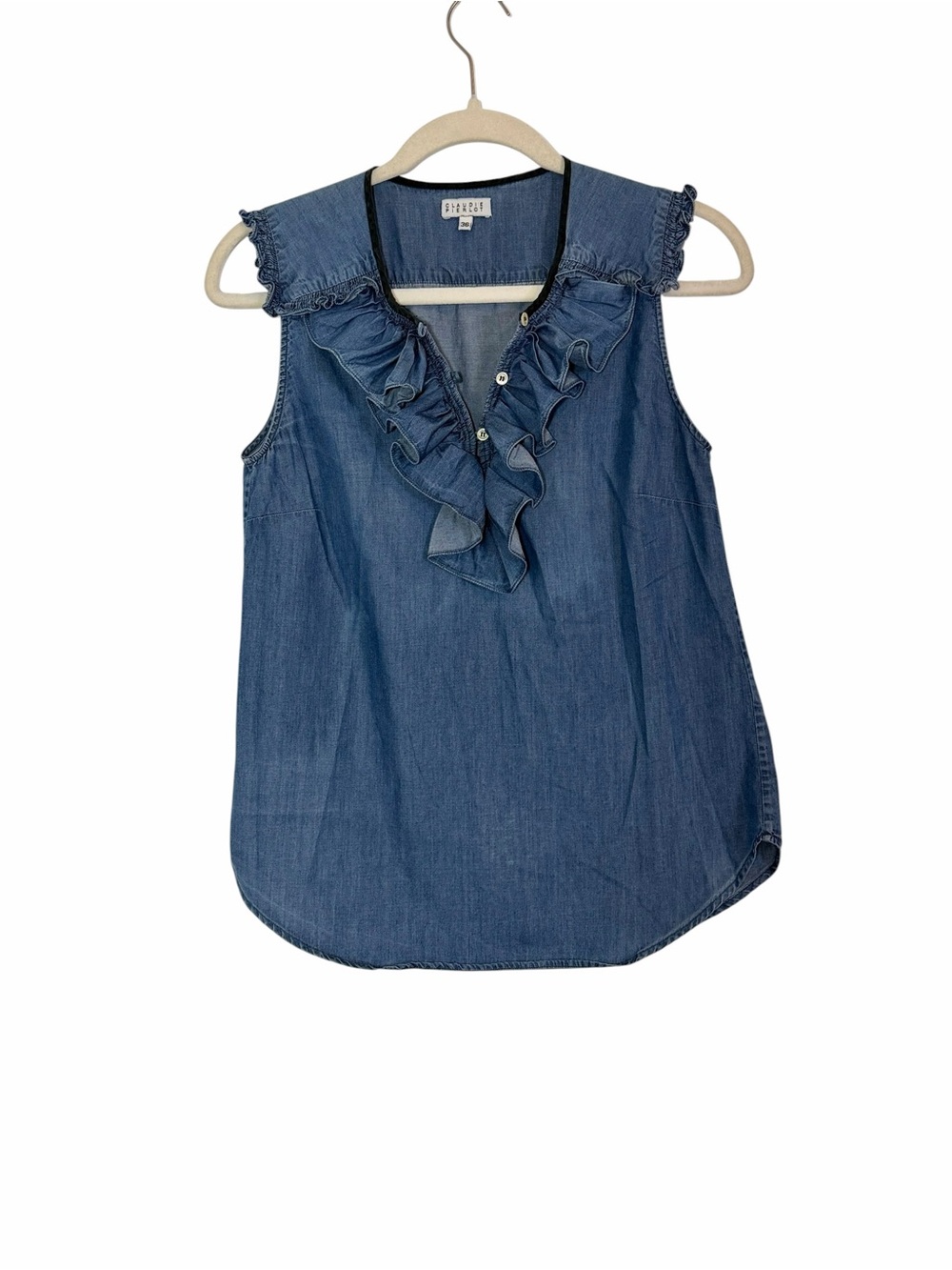Claudie Pierlot Chambray Ruffle Sleeveless Blouse French Girl Denim Top Size 36